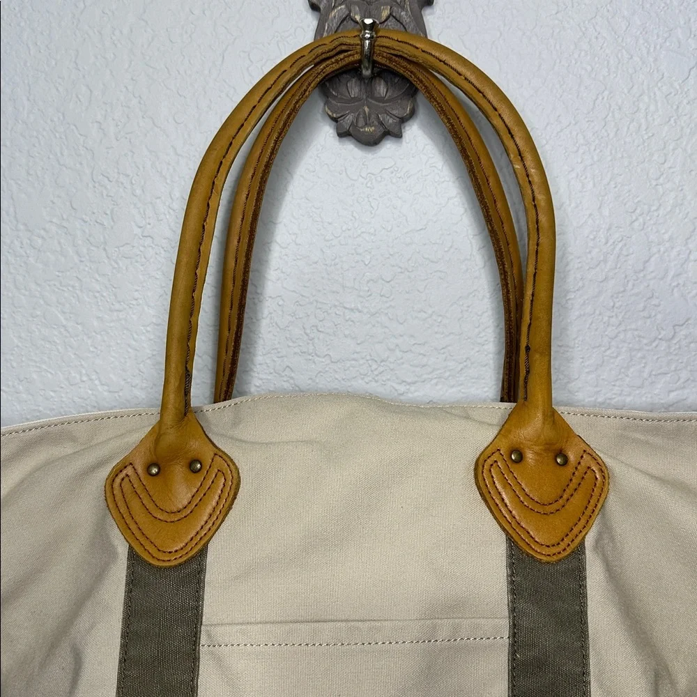 LL Bean Canvas Tote Bag with Tan Leather Handles - Picture 2 of 9